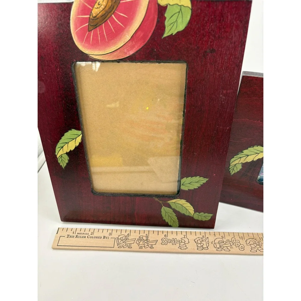Vtg 1990s Tole Painted Cherry Wood Picture Frame Set 2 Peach Fruit Cottagecore